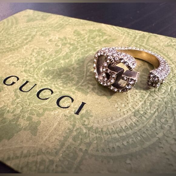 Gucci Signed Barrel Key Crystal Pave Unisex Adjustable Ring - Picture 1 of 15
